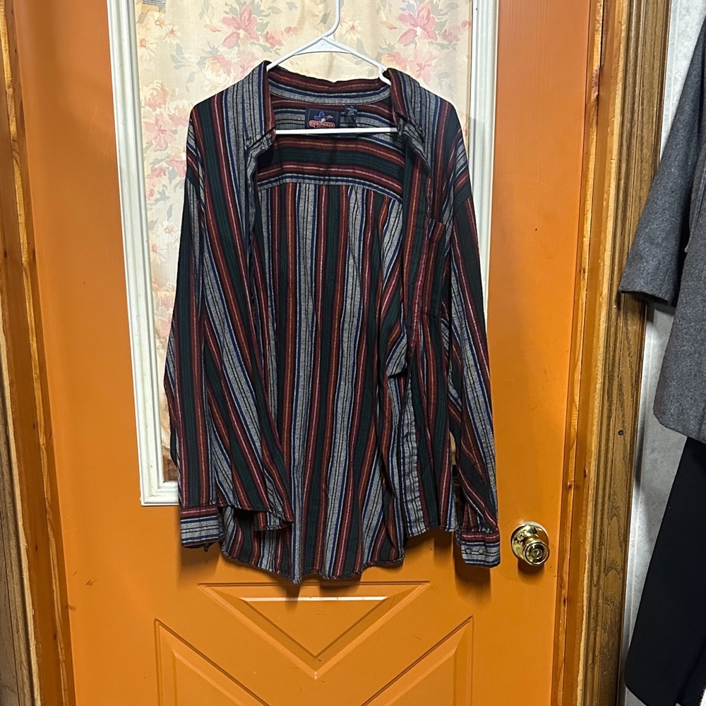 Men's Striped Shirt Jacket - Black, Red, and Gray